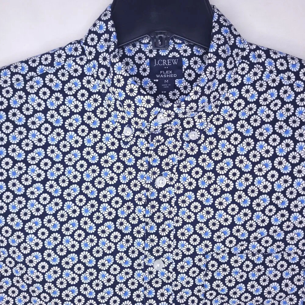 J Crew Shirt Mens Medium Floral Blue Geometric Printed Slim Fit Flex Washed
